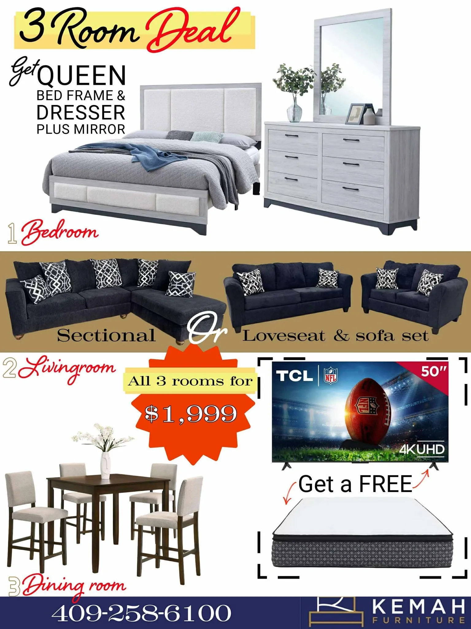 3-Room Furniture Bundle – Free 50" TV & Free Queen Mattress