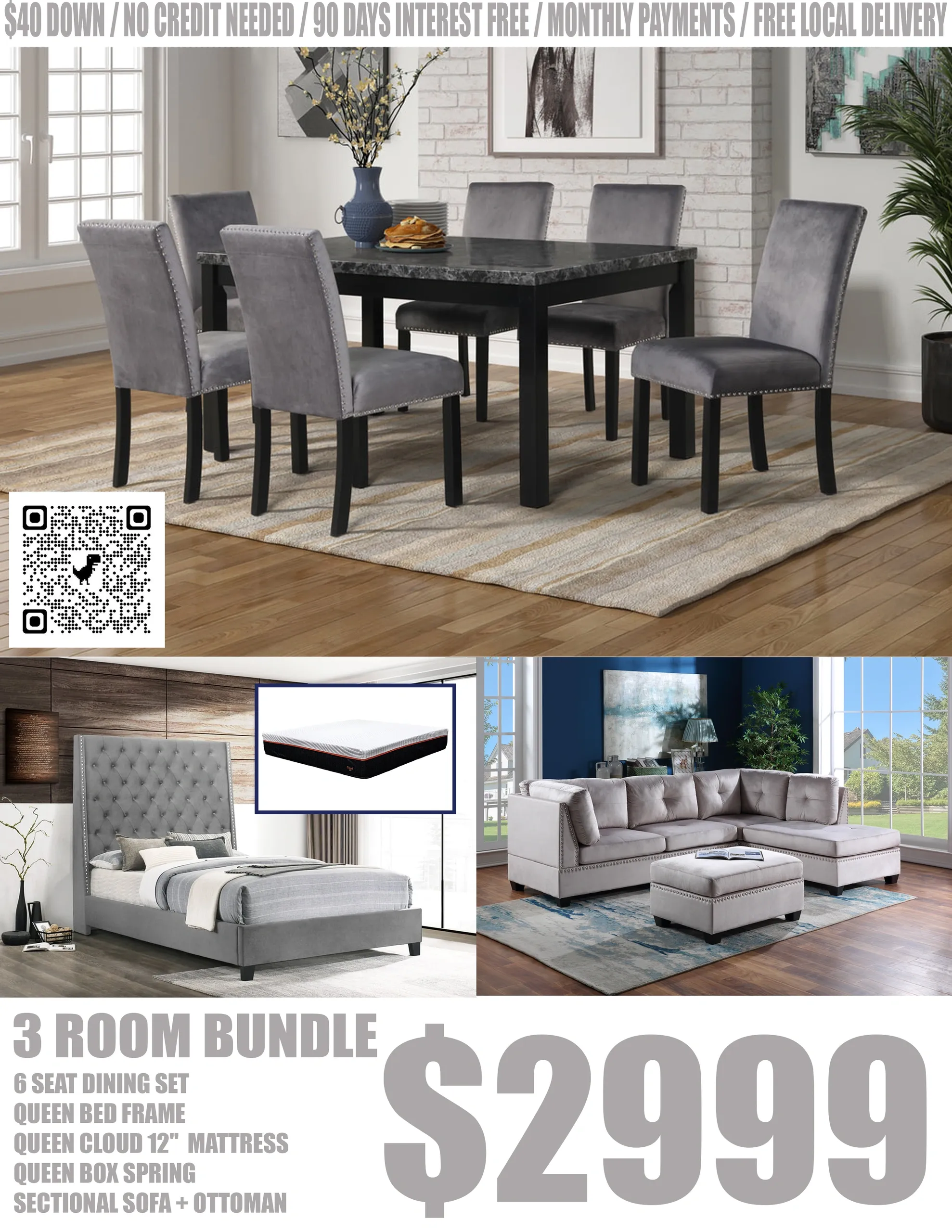 3 Room Bundle Gray — Sectional, Dining Set & Bedroom Package