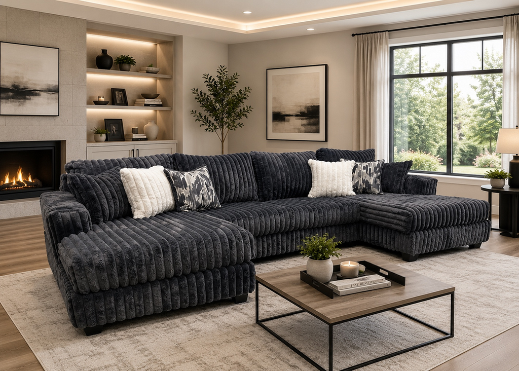 9700 Sectional | Oversized Chaise | Silver, Gray & Black
