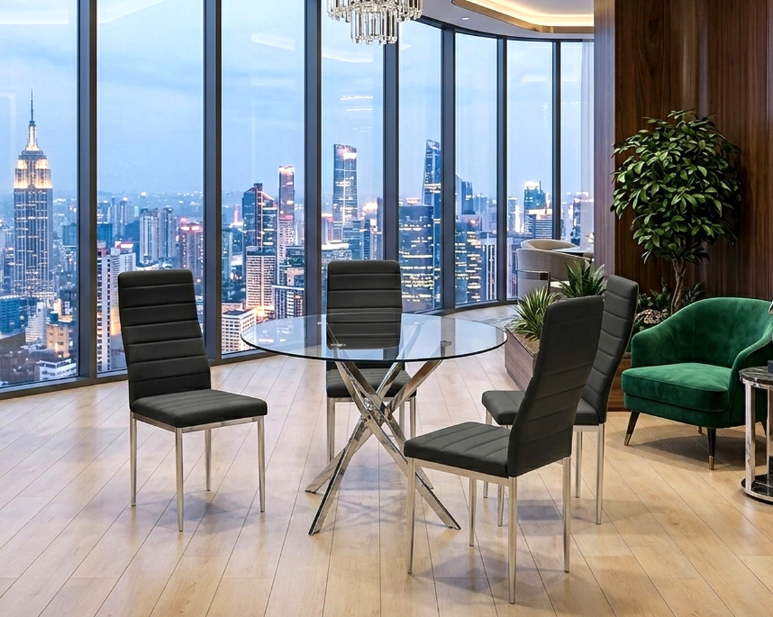D106/107/108 Modern Glass Dining Set | Table & 4 Chairs | White, Black & Gray