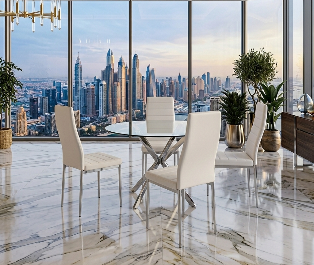 D106/107/108 Modern Glass Dining Set | Table & 4 Chairs | White, Black & Gray