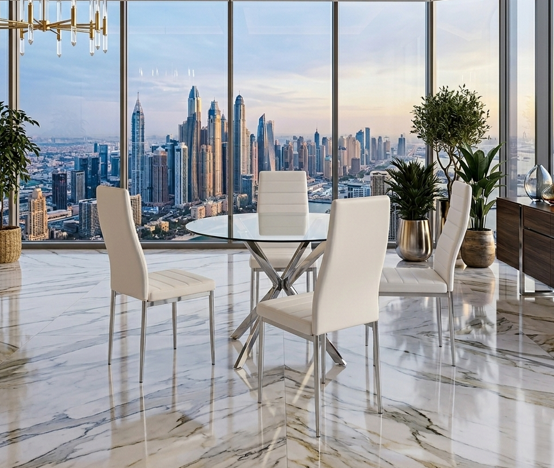 D106/107/108 Modern Glass Dining Set | Table & 4 Chairs | White, Black & Gray