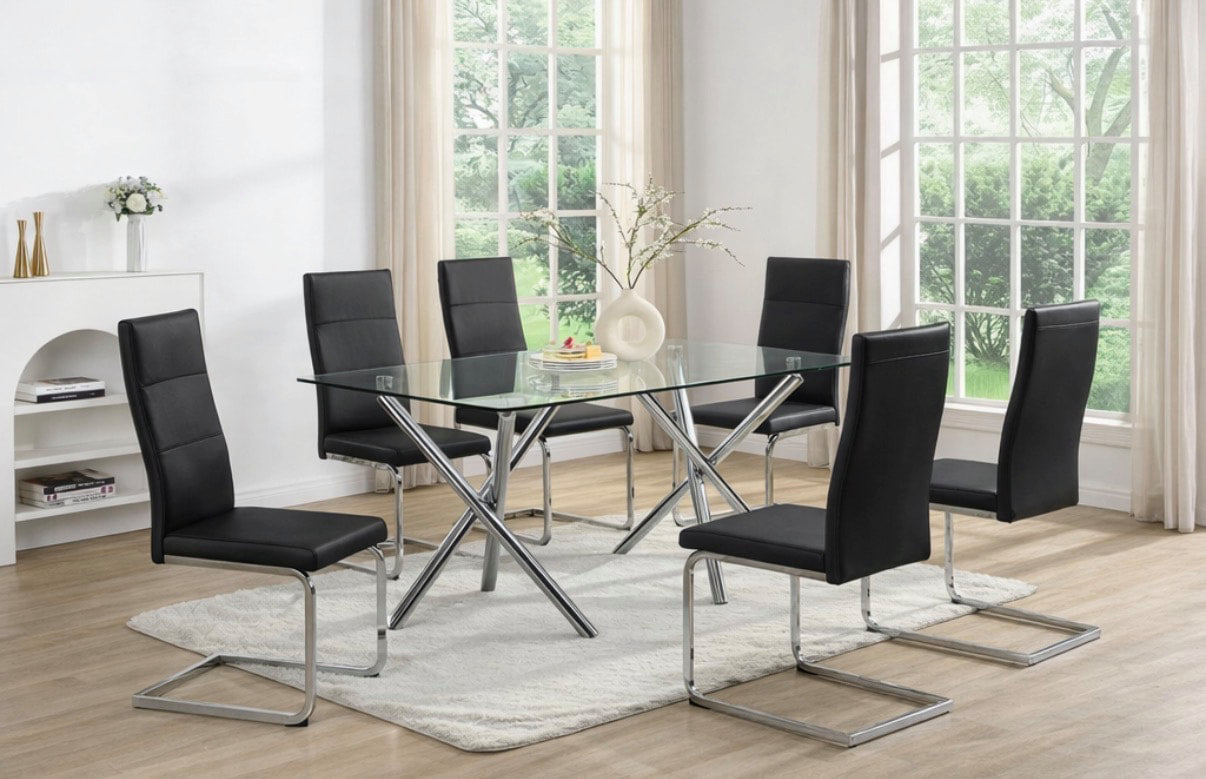 D201 Modern Glass Dining Set | 63" Table & 6 Chairs | Black, Gray & White