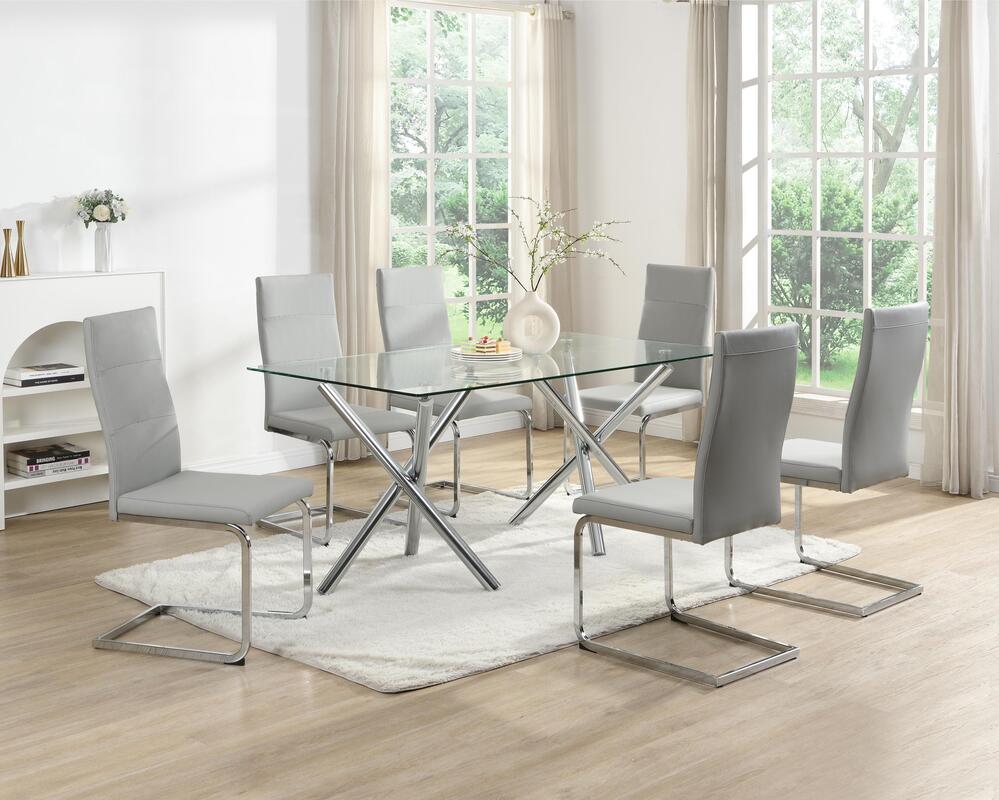 D201 Modern Glass Dining Set | 63" Table & 6 Chairs | Black, Gray & White