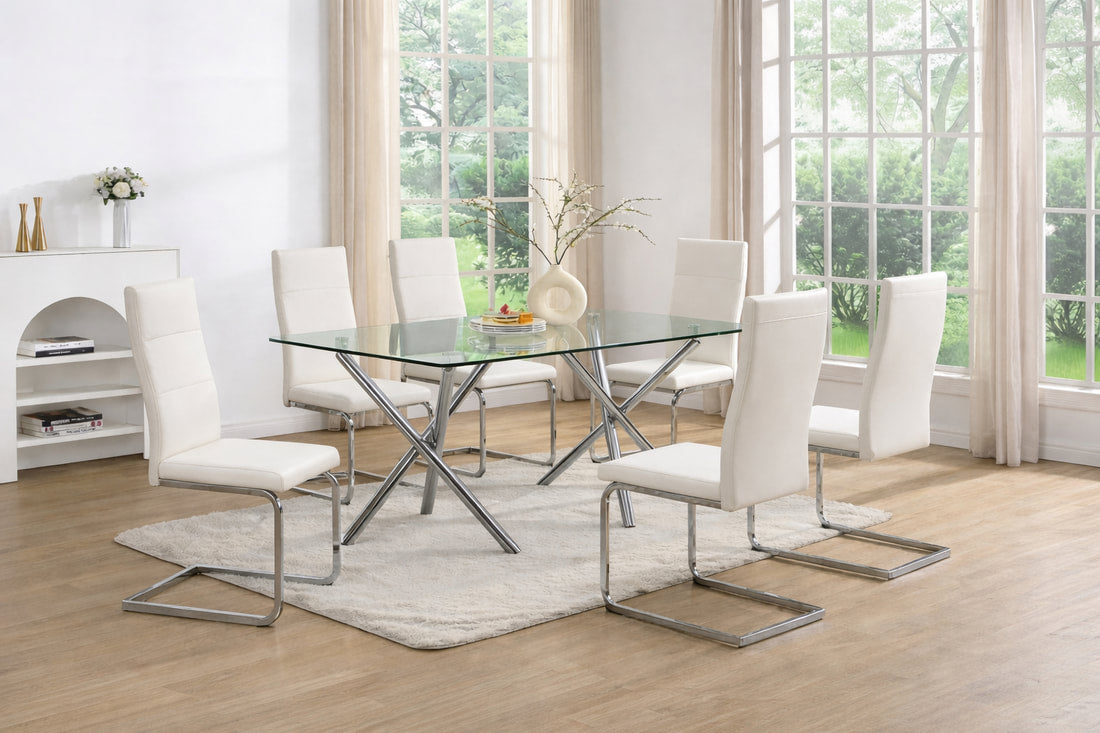 D201 Modern Glass Dining Set | 63" Table & 6 Chairs | Black, Gray & White