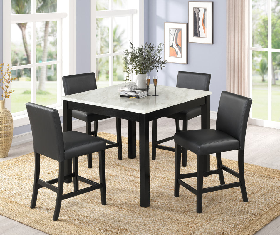 Dior Counter Height Pub Set | Faux Marble Table & 4 Black PU Chairs