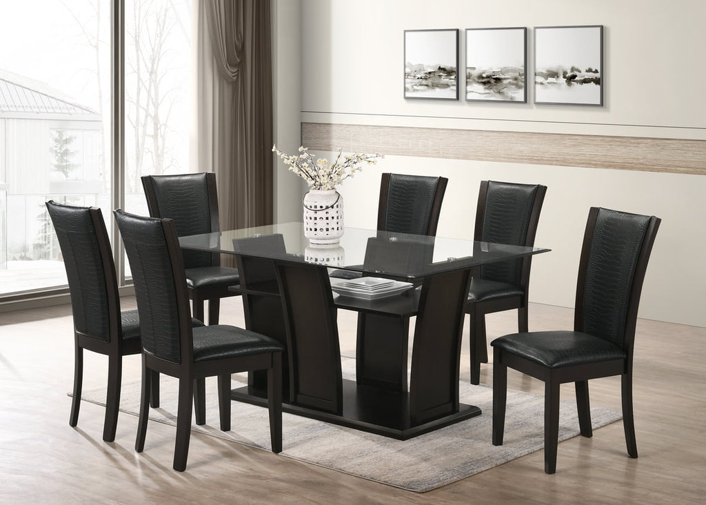 Florida 7-Piece Dining Set | 66" Glass Table & 6 Chairs | Black, Gray & White