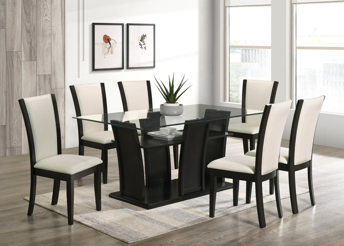 Florida 7-Piece Dining Set | 66" Glass Table & 6 Chairs | Black, Gray & White